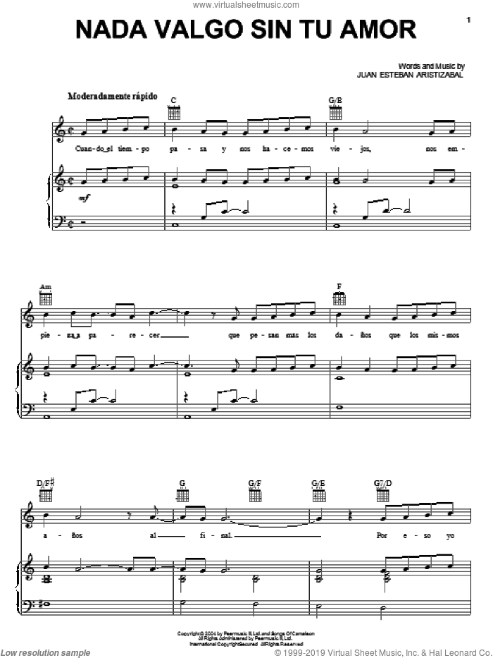 Nada Valgo Sin Tu Amor sheet music for voice, piano or guitar by Juanes and Juan Esteban Aristizabal, intermediate skill level