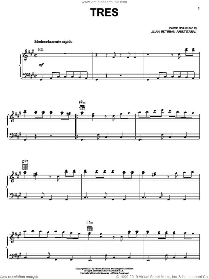 Tres sheet music for voice, piano or guitar by Juanes and Juan Esteban Aristizabal, intermediate skill level