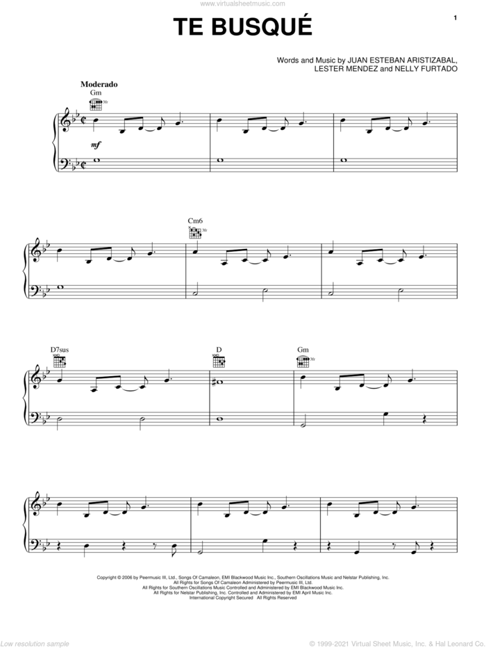Te Busque sheet music for voice, piano or guitar by Juanes, Juan Esteban Aristizabal, Lester Mendez and Nelly Furtado, intermediate skill level