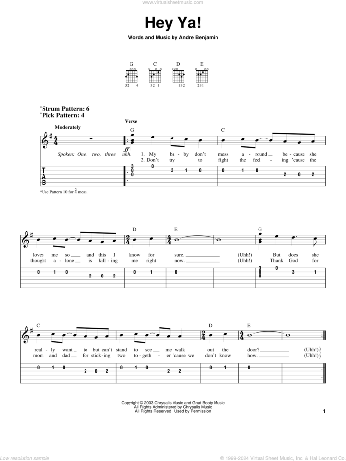 Hey Ya! sheet music for guitar solo (easy tablature) by OutKast and Andre Benjamin, easy guitar (easy tablature)