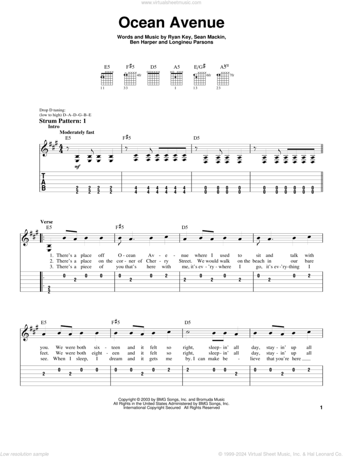 Ocean Avenue sheet music for guitar solo (easy tablature) by Yellowcard, Ben Harper, Longineu Parsons, Ryan Key and Sean Mackin, easy guitar (easy tablature)