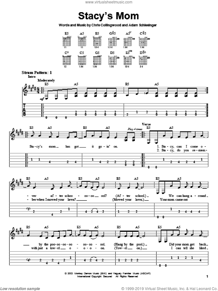 Stacy's Mom sheet music for guitar solo (easy tablature) by Fountains Of Wayne, Adam Schlesinger and Chris Collingwood, easy guitar (easy tablature)