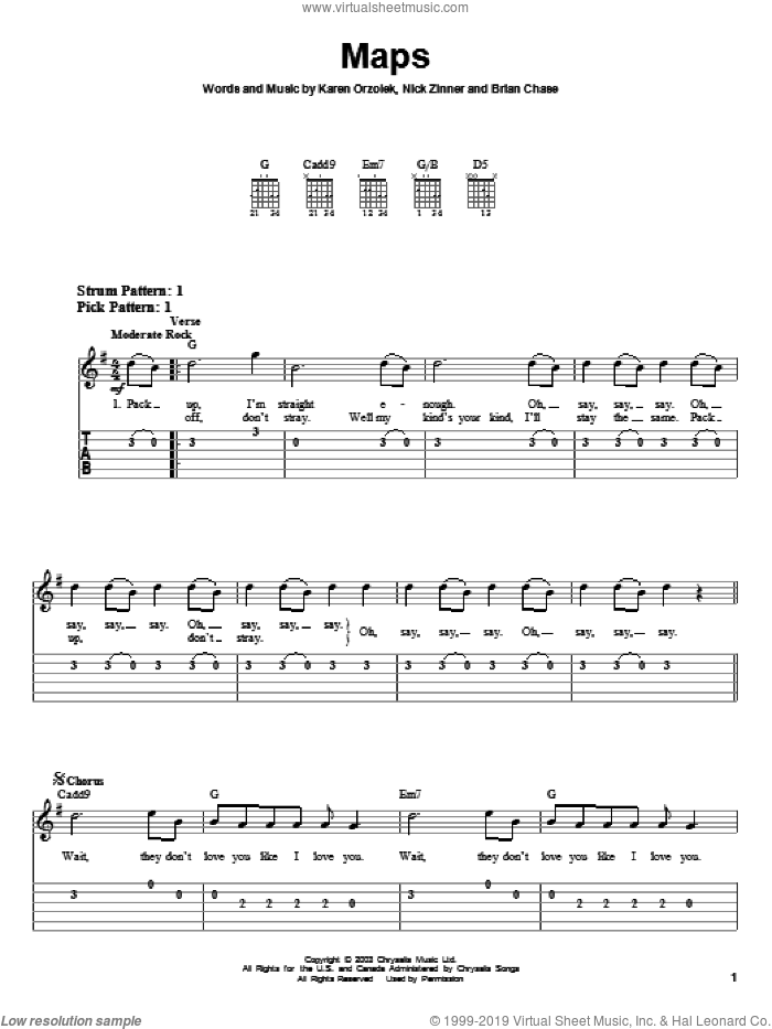 Maps sheet music for guitar solo (easy tablature) by Yeah Yeah Yeahs, Brian Chase, Karen Orzolek and Nick Zinner, easy guitar (easy tablature)