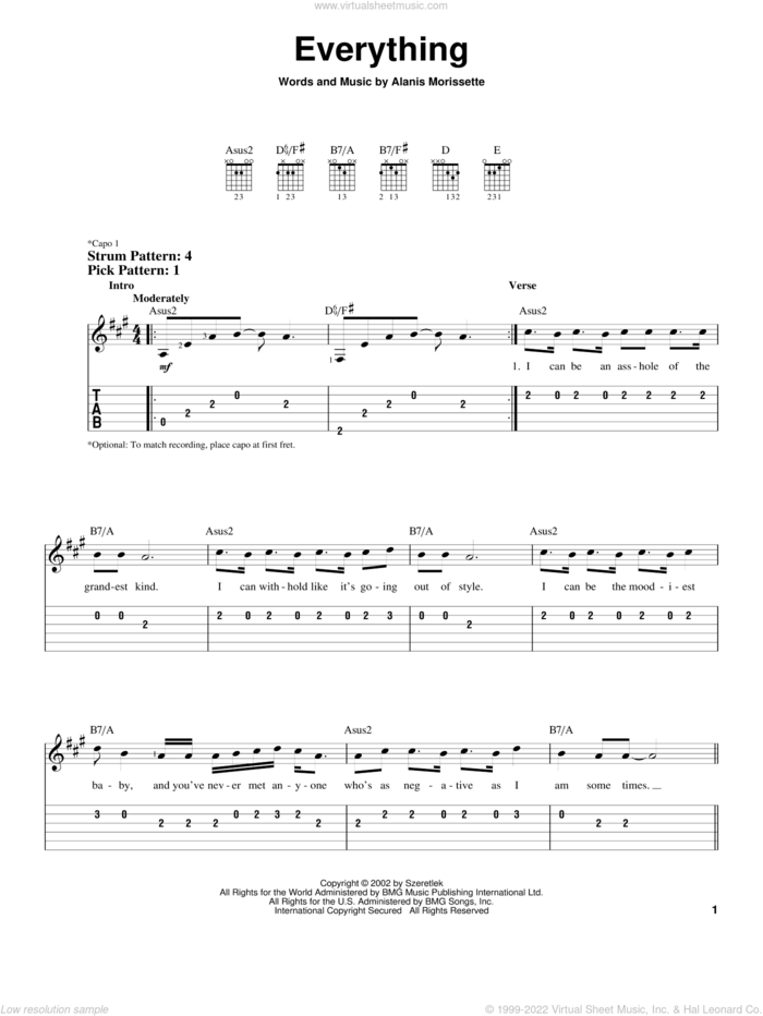 Everything sheet music for guitar solo (easy tablature) by Alanis Morissette, easy guitar (easy tablature)