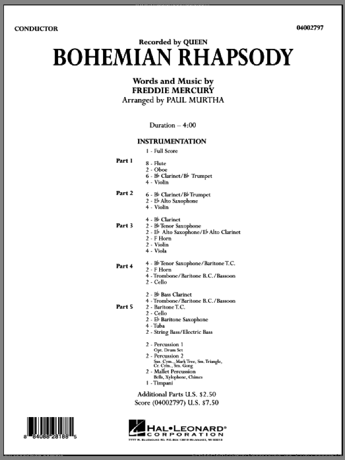 Bohemian Rhapsody (COMPLETE) sheet music for concert band by Freddie Mercury, Paul Murtha and Queen, intermediate skill level