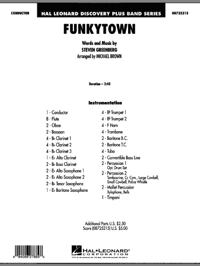 Funkytown (COMPLETE) sheet music for concert band by Michael Brown, Lipps Inc. and Steven Greenberg, intermediate skill level