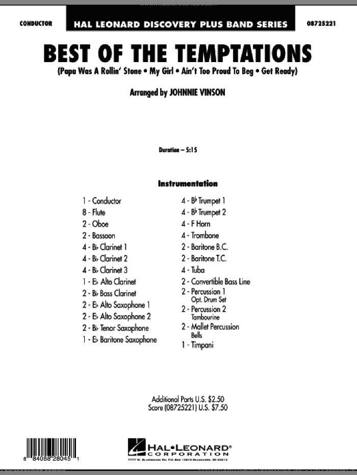 Best of The Temptations (COMPLETE) sheet music for concert band by Johnnie Vinson and The Temptations, intermediate skill level