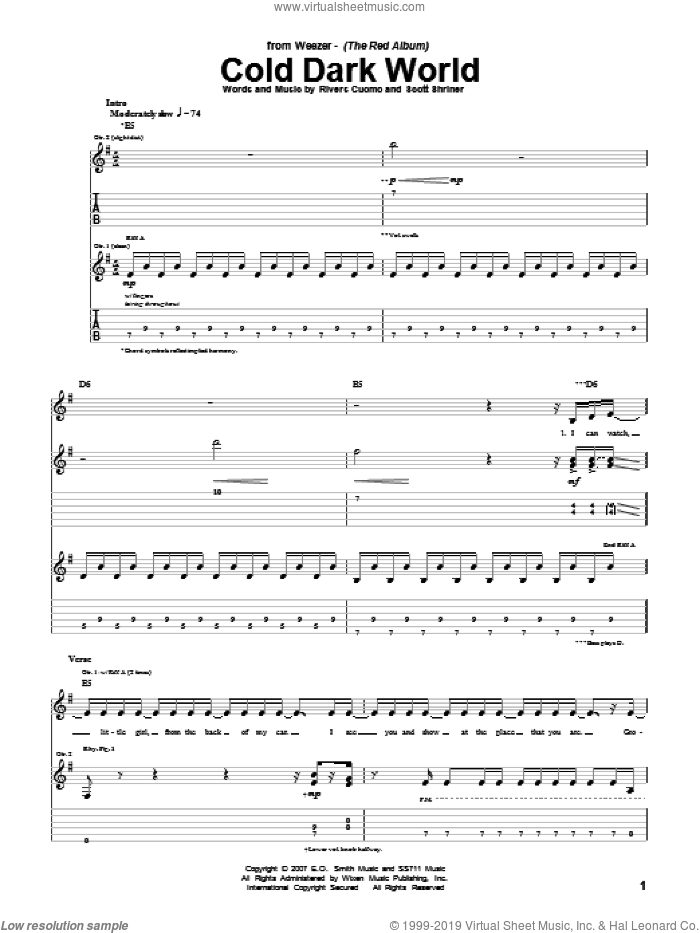 Cold Dark World sheet music for guitar (tablature) by Weezer, Rivers Cuomo and Scott Shriner, intermediate skill level