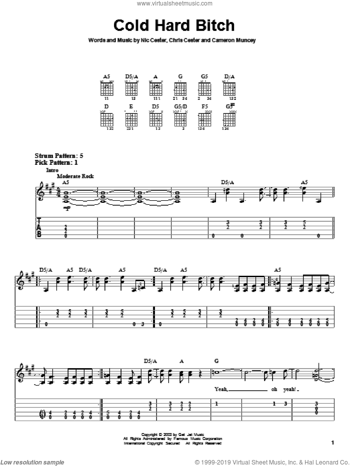 Cold Hard Bitch sheet music for guitar solo (easy tablature) by Nic Cester, Cameron Muncey and Chris Cester, easy guitar (easy tablature)