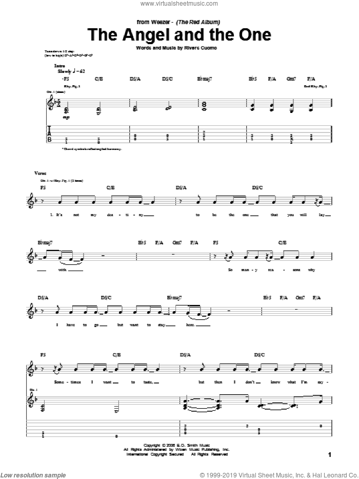 The Angel And The One sheet music for guitar (tablature) by Weezer and Rivers Cuomo, intermediate skill level