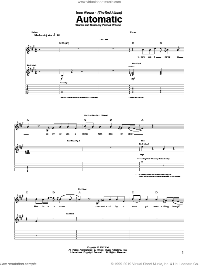 Automatic sheet music for guitar (tablature) by Weezer and Patrick Wilson, intermediate skill level