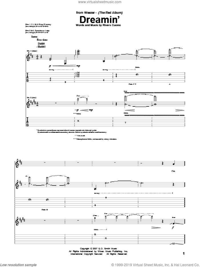 Dreamin' sheet music for guitar (tablature) by Weezer and Rivers Cuomo, intermediate skill level