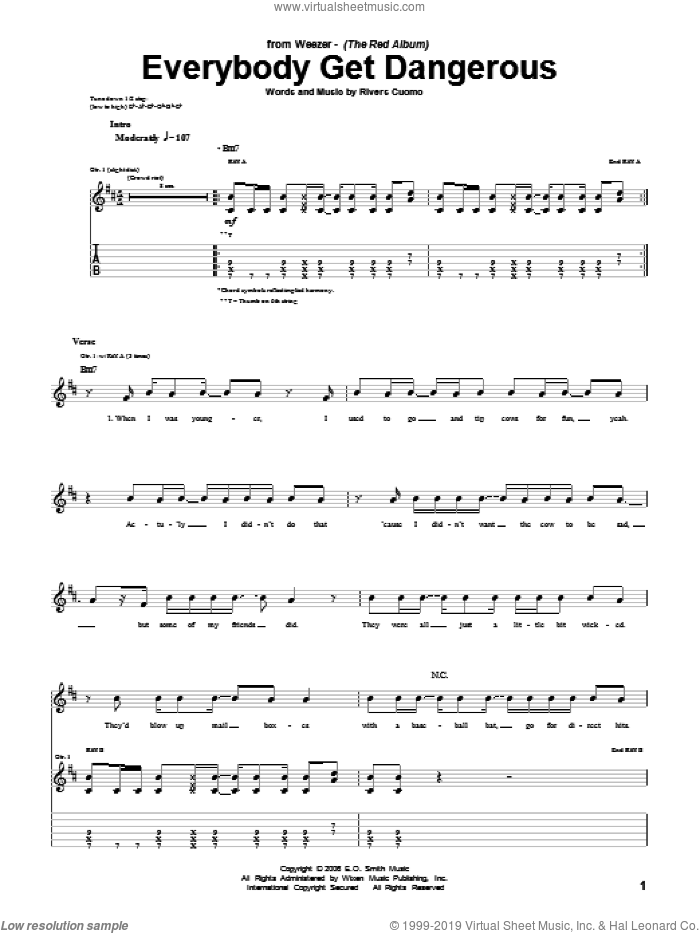 Everybody Get Dangerous sheet music for guitar (tablature) by Weezer and Rivers Cuomo, intermediate skill level