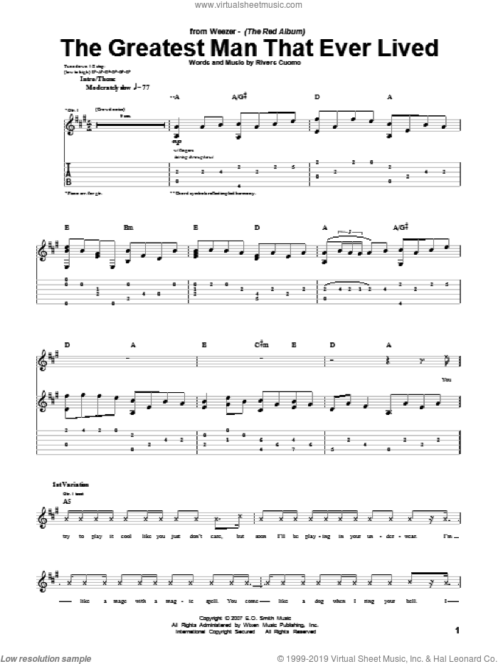 The Greatest Man That Ever Lived sheet music for guitar (tablature) by Weezer and Rivers Cuomo, intermediate skill level