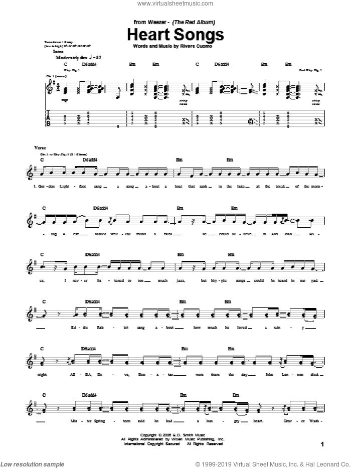Heart Songs sheet music for guitar (tablature) by Weezer and Rivers Cuomo, intermediate skill level
