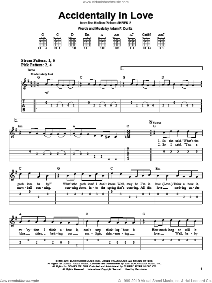 Accidentally In Love sheet music for guitar solo (easy tablature) by Counting Crows and Adam Duritz, easy guitar (easy tablature)