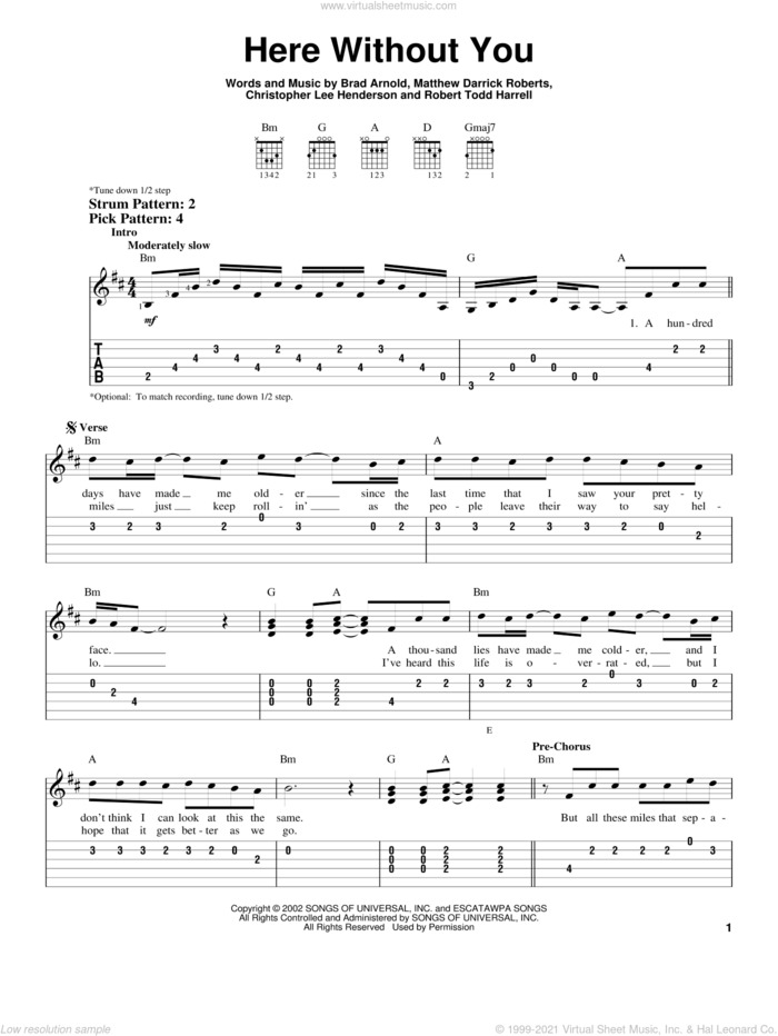 Here Without You sheet music for guitar solo (easy tablature) by 3 Doors Down, Brad Arnold, Christopher Henderson, Matt Roberts and Robert Harrell, easy guitar (easy tablature)