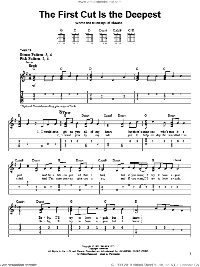 The First Cut Is The Deepest sheet music for guitar solo (easy tablature) by Sheryl Crow, Rod Stewart and Cat Stevens, easy guitar (easy tablature)