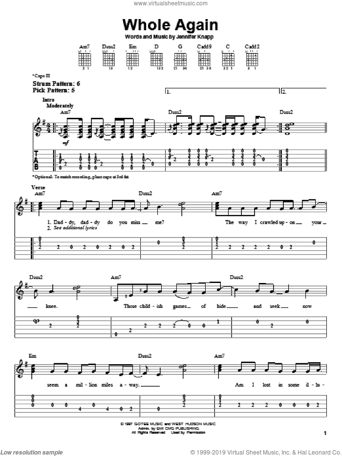 Whole Again sheet music for guitar solo (easy tablature) by Jennifer Knapp, easy guitar (easy tablature)