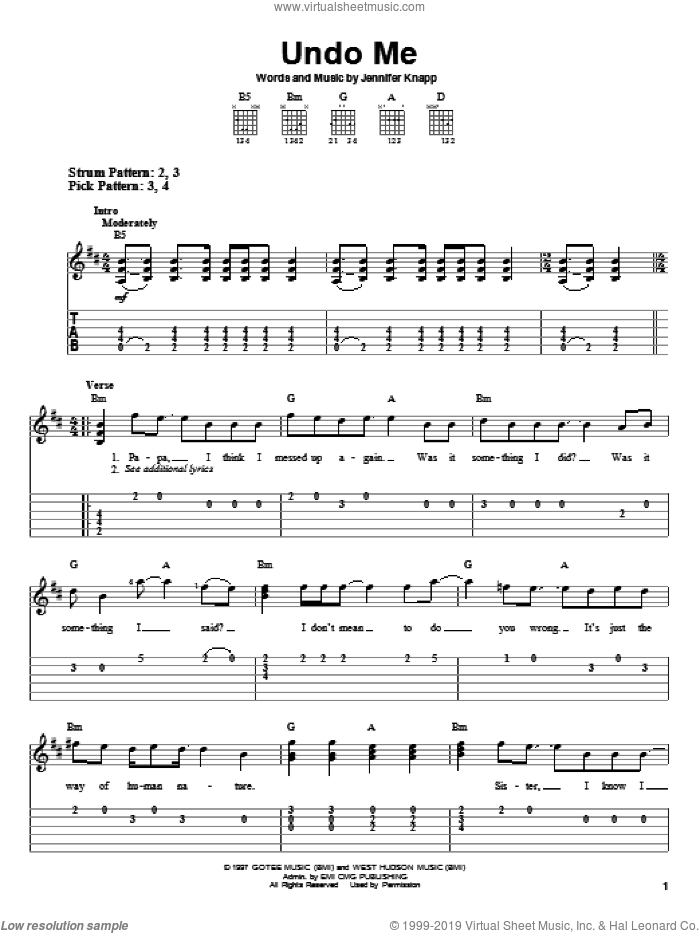 Undo Me sheet music for guitar solo (easy tablature) by Jennifer Knapp, easy guitar (easy tablature)