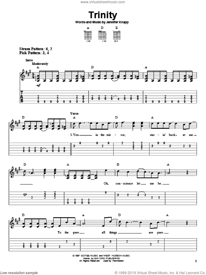 Trinity sheet music for guitar solo (easy tablature) by Jennifer Knapp, easy guitar (easy tablature)