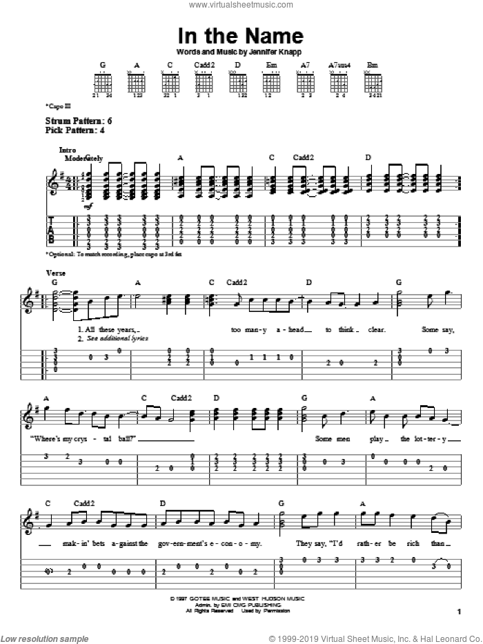 In The Name sheet music for guitar solo (easy tablature) by Jennifer Knapp, easy guitar (easy tablature)