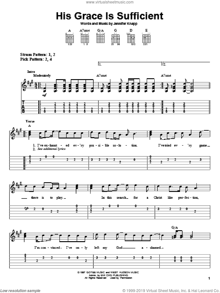 His Grace Is Sufficient sheet music for guitar solo (easy tablature) by Jennifer Knapp, easy guitar (easy tablature)