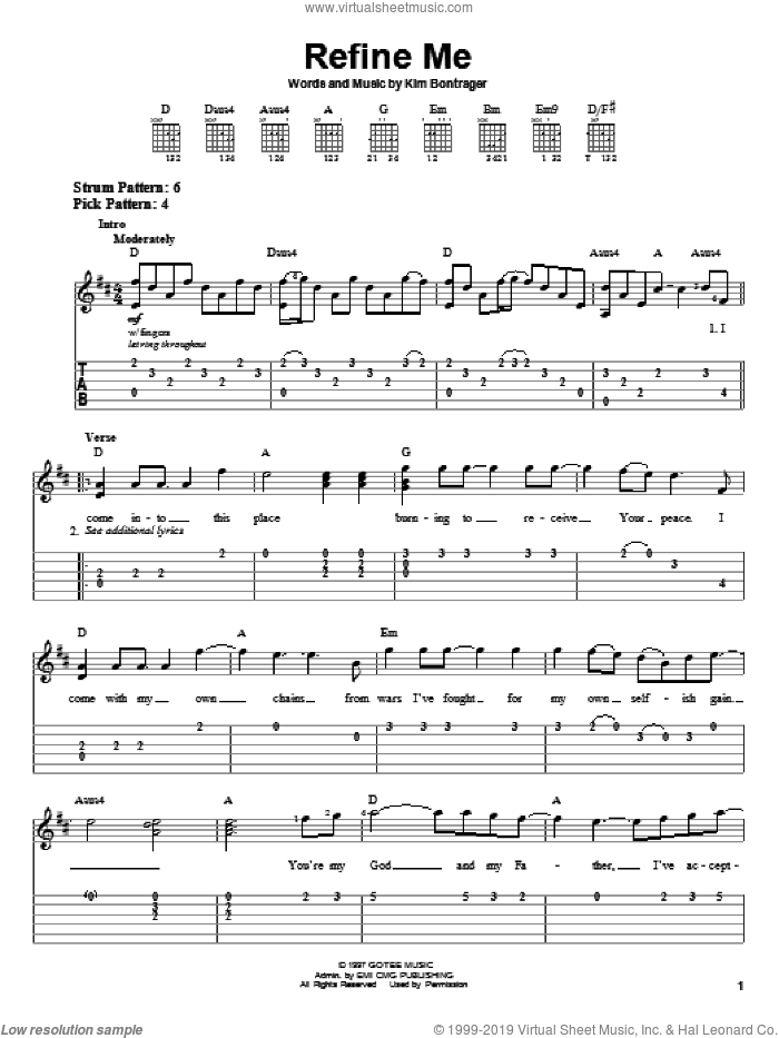 Refine Me sheet music for guitar solo (easy tablature) by Jennifer Knapp and Kim Bontrager, easy guitar (easy tablature)