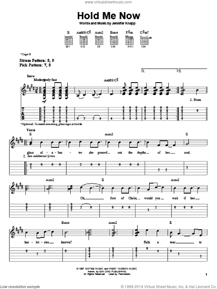 Hold Me Now sheet music for guitar solo (easy tablature) by Jennifer Knapp, easy guitar (easy tablature)