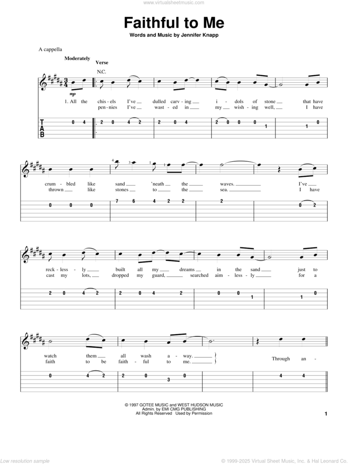 Faithful To Me sheet music for guitar solo (easy tablature) by Jennifer Knapp, easy guitar (easy tablature)