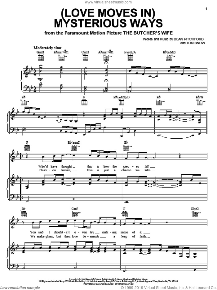(Love Moves In) Mysterious Ways sheet music for voice, piano or guitar by Michael English, Dean Pitchford and Tom Snow, wedding score, intermediate skill level