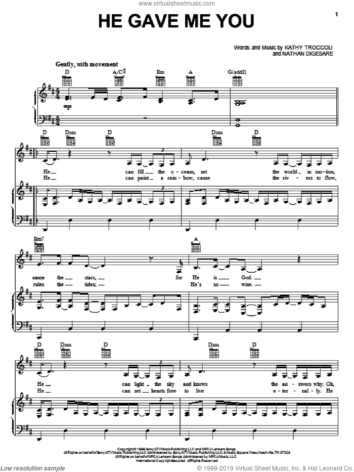 He Gave Me You sheet music for voice, piano or guitar by Sierra, Kathy Troccoli and Nathan DiGesare, wedding score, intermediate skill level
