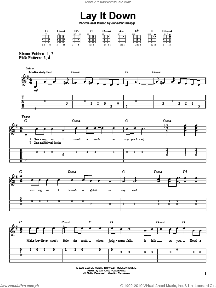 Lay It Down sheet music for guitar solo (easy tablature) by Jennifer Knapp, easy guitar (easy tablature)
