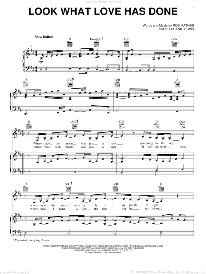 Look What Love Has Done sheet music for voice, piano or guitar by Jaci Velasquez, Robert Mathes and Stephanie Lewis, wedding score, intermediate skill level