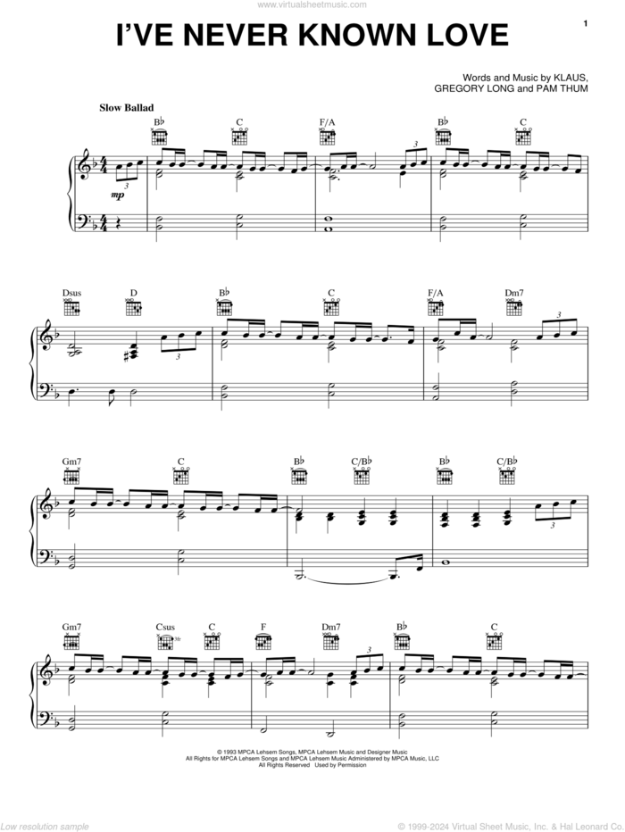 I've Never Known Love sheet music for voice, piano or guitar by Pam Thum and Gregory Long, wedding score, intermediate skill level