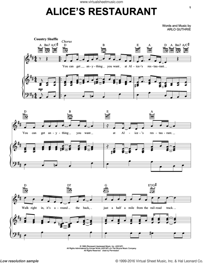 Alice's Restaurant sheet music for voice, piano or guitar by Arlo Guthrie, intermediate skill level
