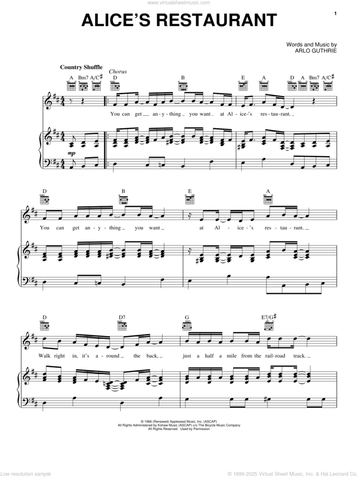 Alice's Restaurant sheet music for voice, piano or guitar by Arlo Guthrie, intermediate skill level