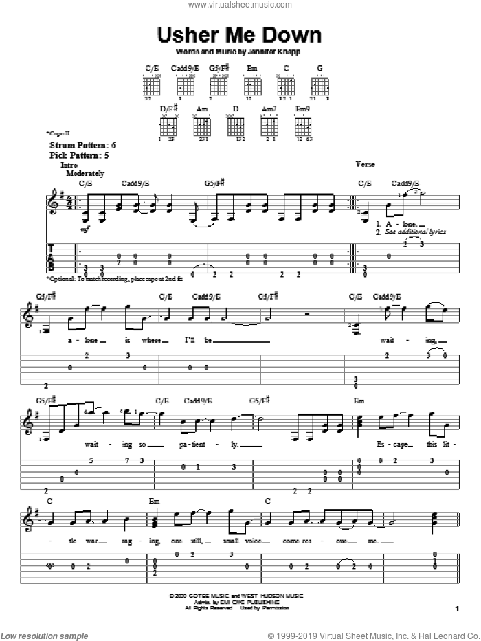 Usher Me Down sheet music for guitar solo (easy tablature) by Jennifer Knapp, easy guitar (easy tablature)