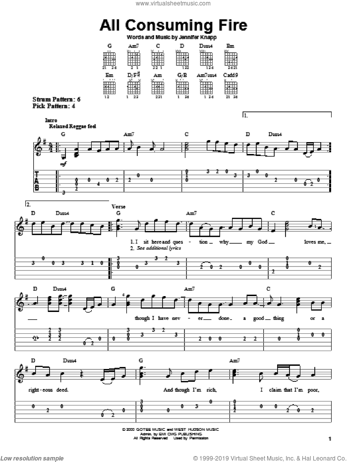 All Consuming Fire sheet music for guitar solo (easy tablature) by Jennifer Knapp, easy guitar (easy tablature)