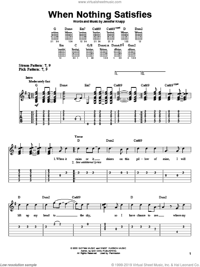 When Nothing Satisfies sheet music for guitar solo (easy tablature) by Jennifer Knapp, easy guitar (easy tablature)