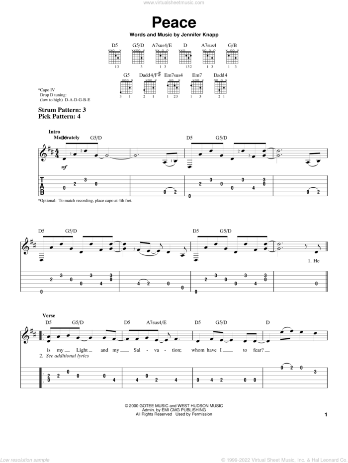 Peace sheet music for guitar solo (easy tablature) by Jennifer Knapp, easy guitar (easy tablature)