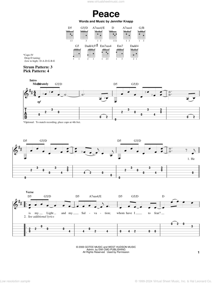 Peace sheet music for guitar solo (easy tablature) by Jennifer Knapp, easy guitar (easy tablature)