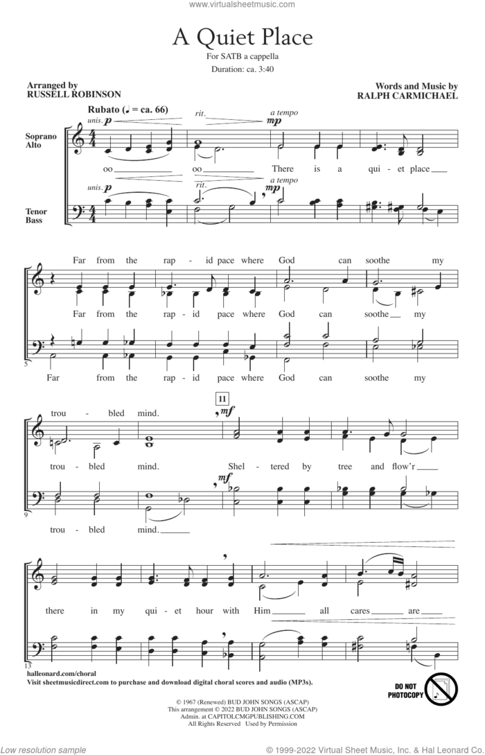 A Quiet Place (arr. Russell Robinson) sheet music for choir (SATB: soprano, alto, tenor, bass) by Take 6, Russell Robinson and Ralph Carmichael, intermediate skill level