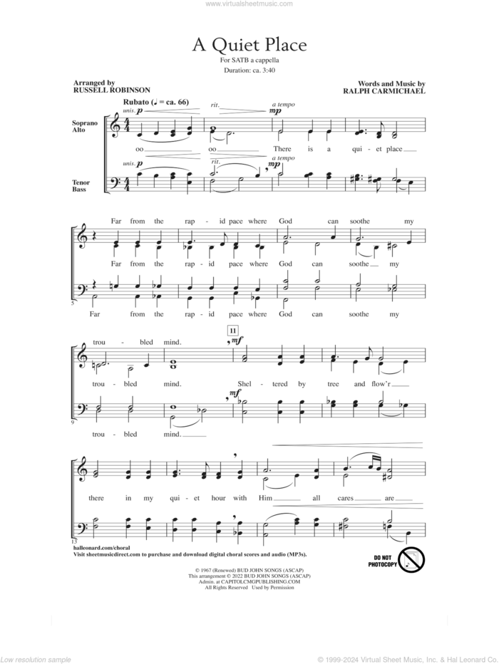 A Quiet Place (arr. Russell Robinson) sheet music for choir (SATB: soprano, alto, tenor, bass) by Take 6, Russell Robinson and Ralph Carmichael, intermediate skill level