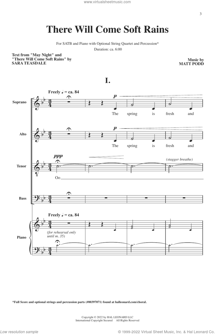 There Will Come Soft Rains sheet music for choir (SATB: soprano, alto, tenor, bass) by Matt Podd and Sara Teasdale and Matt Podd and Sara Teasdale, intermediate skill level