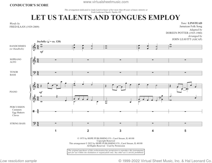 Let Us Talents And Tongues Employ (arr. John Leavitt) (COMPLETE) sheet music for orchestra/band by John Leavitt, Doreen Potter, Fred Kaan and Miscellaneous, intermediate skill level