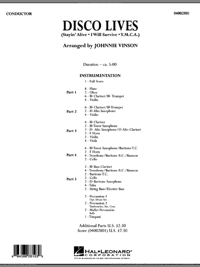 Disco Lives (COMPLETE) sheet music for concert band by Johnnie Vinson, intermediate skill level