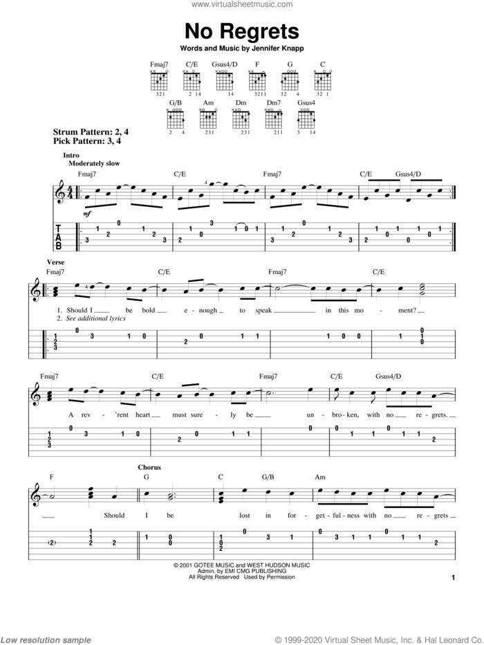 No Regrets sheet music for guitar solo (easy tablature) by Jennifer Knapp, easy guitar (easy tablature)