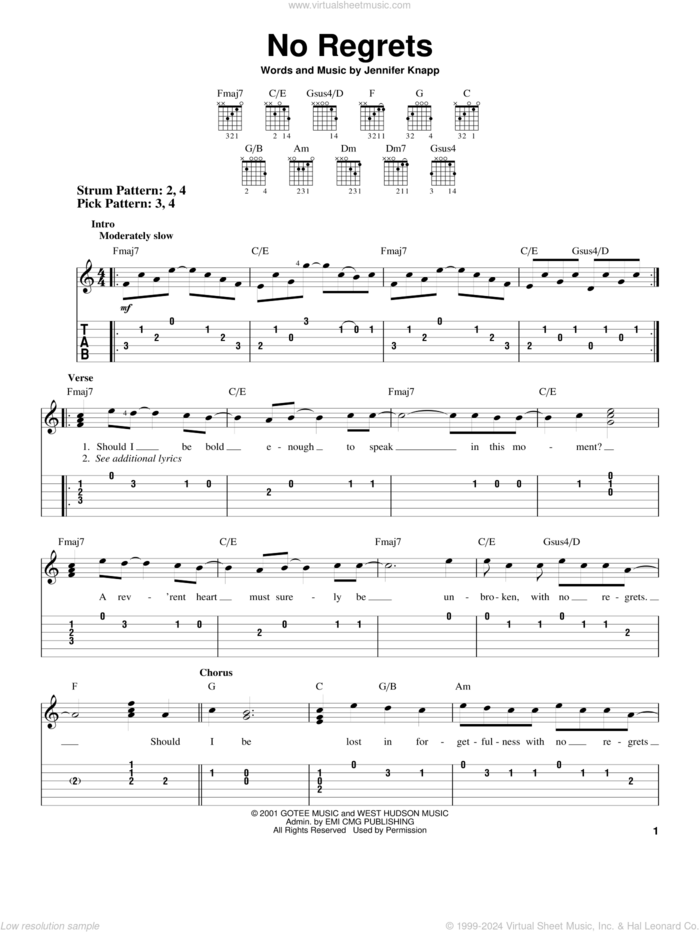 No Regrets sheet music for guitar solo (easy tablature) by Jennifer Knapp, easy guitar (easy tablature)