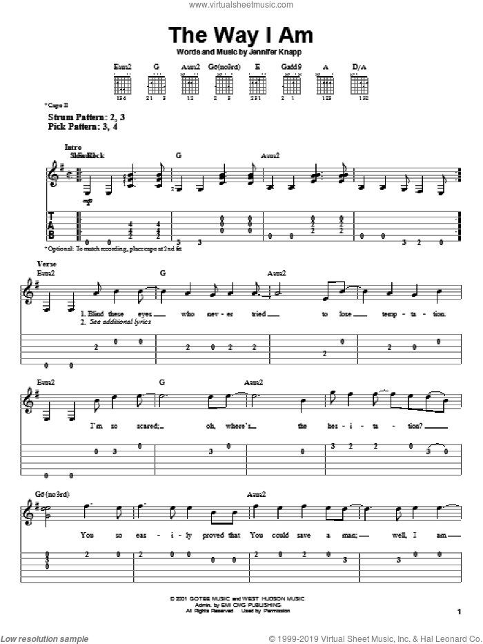 The Way I Am sheet music for guitar solo (easy tablature) by Jennifer Knapp, easy guitar (easy tablature)